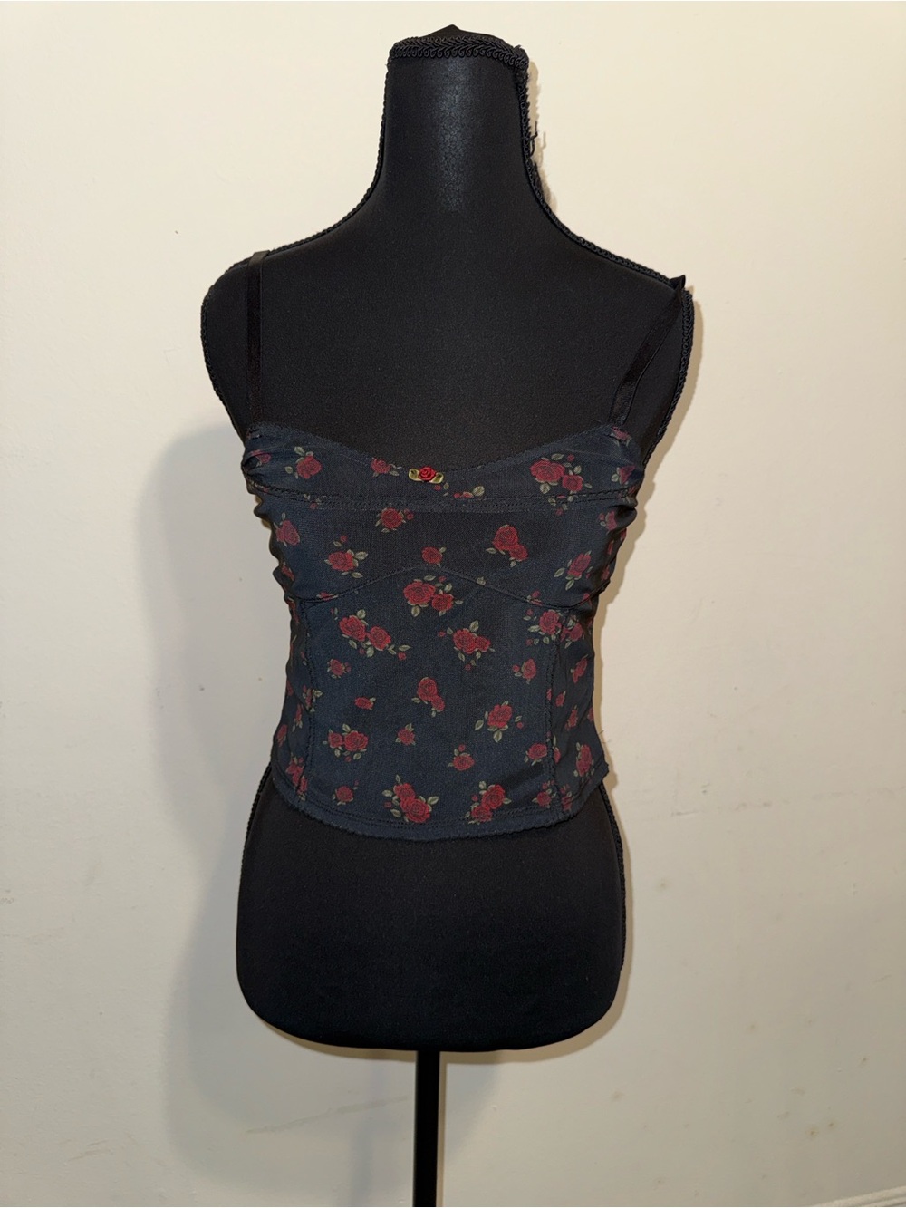 Garage Black Floral Sweetheart Camisole with Red Rose Print